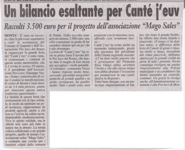 Ritaglio: Un bilancio esaltante per Cantè j'euv