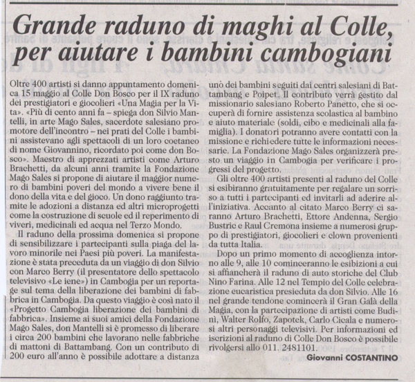 Ritaglio: Grande raduno di maghi al Colle, per aiutare i bambini cambogiani