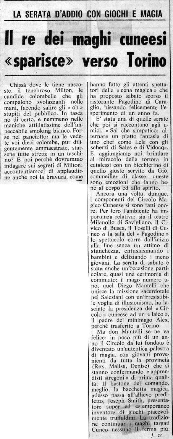 Ritaglio: Il re dei maghi cuneesi "sparisce" verso Torino