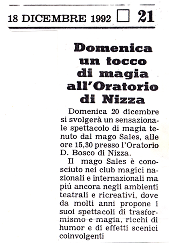Ritaglio: Domenica un tocco di magia all'Oratorio di Nizza