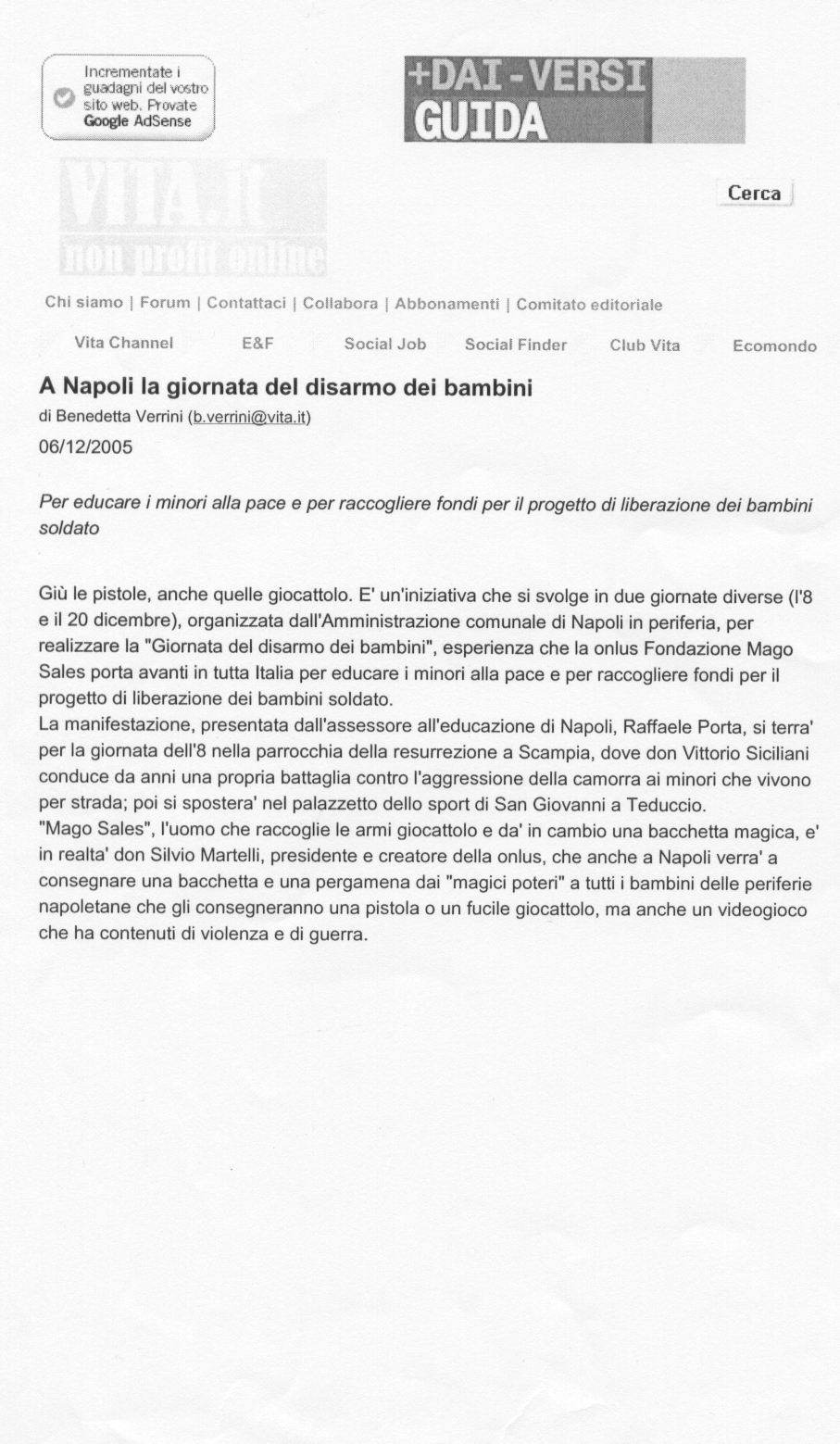 Ritaglio: A Napoli la giornata del disarmo dei bambini
